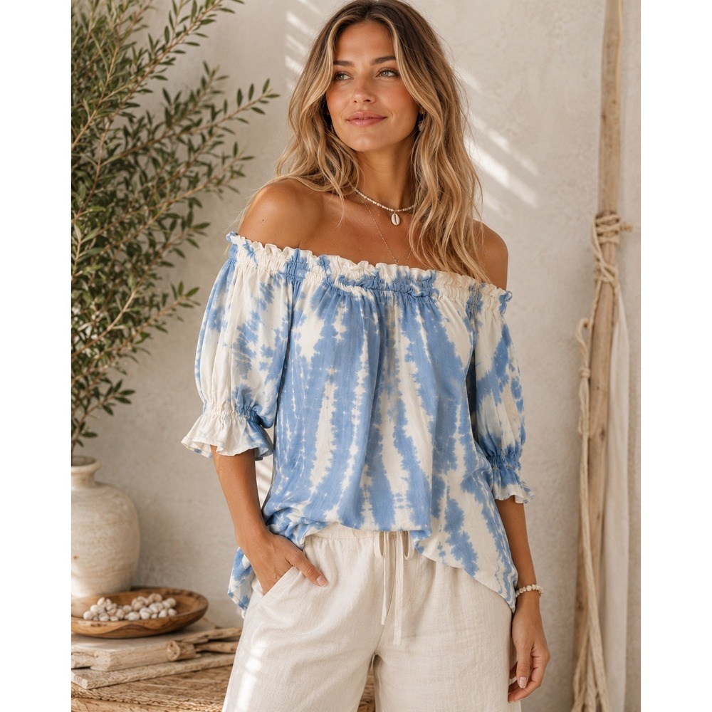 Style Envy Off The Shoulder Tie Dye Blouse Blue White Size Small Boho Ruffle Top